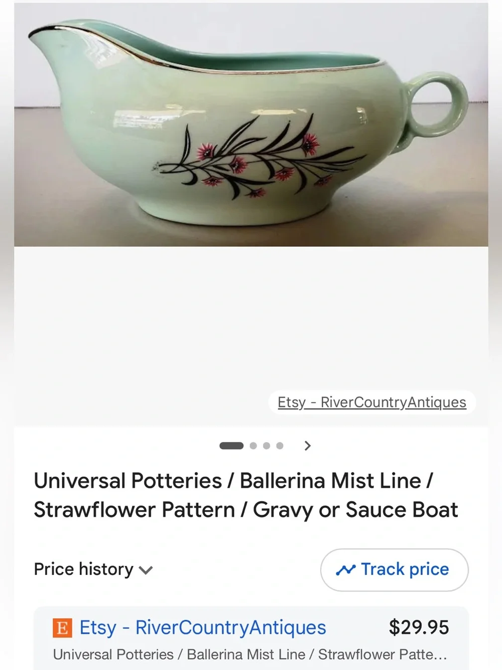 1949 Universal Potteries Gravy Boat & Creamer in Ballerina Mist. “Strawflowers”